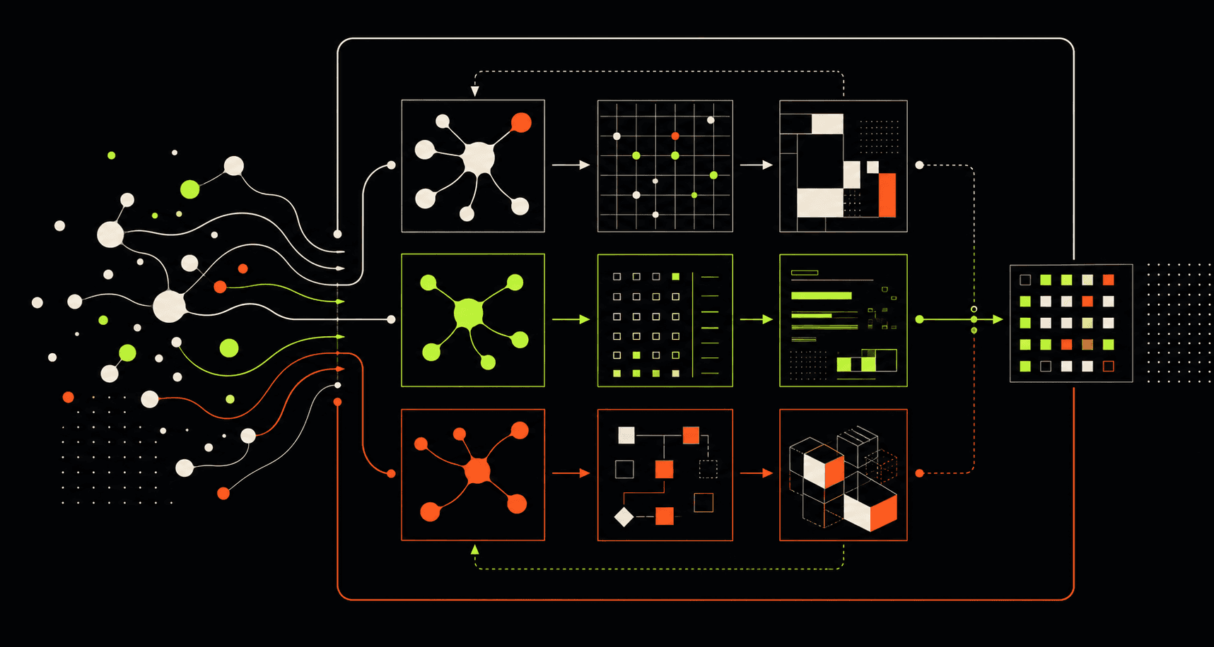 Abstract network diagram showing expert judgment flowing through evaluation grids and AI product architecture.